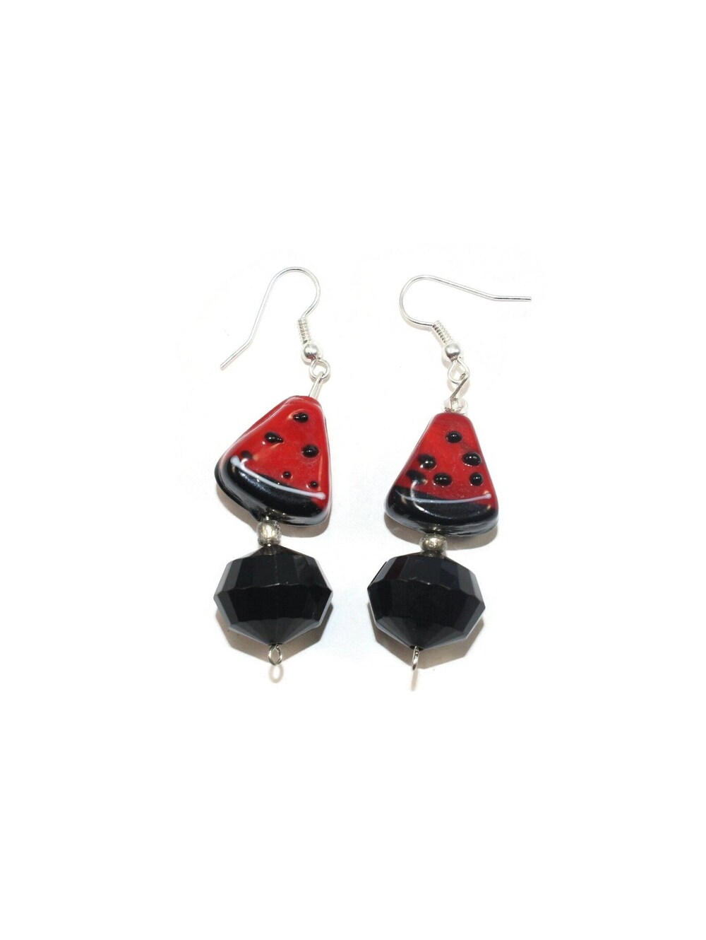 Vintage Black and Red Plastic Watermelon Dangle Earrings with Hook Backs.